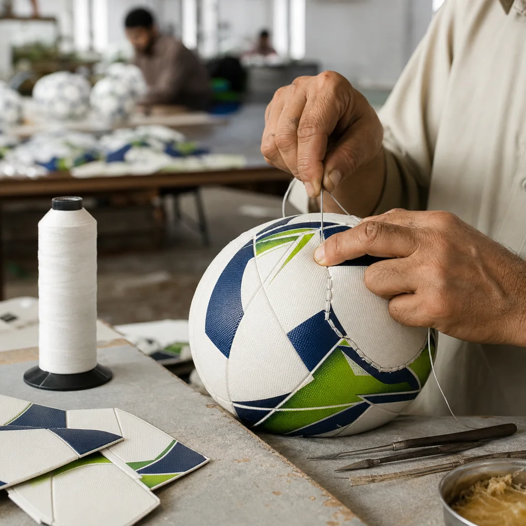 Illustrative generated view of an adult craftsperson hand-stitching a football in a workshop